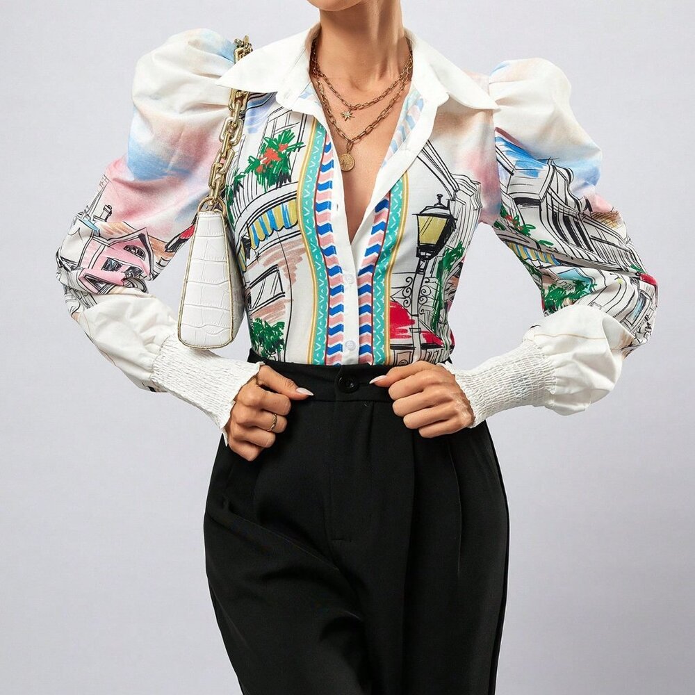 Multicolor Elegant Women's Painting Print Button-Down Long Sleeve Shirt